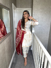 Load image into Gallery viewer, 3 pcs Stitched White shalwar Suit Ready to wear lawn summer Wear with chiffon dupatta MBL-347
