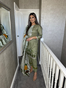 3 pcs Stitched GREEN shalwar Suit Ready to wear lawn summer Wear with chiffon dupatta O-395A