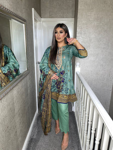 3 pcs Stitched lawn Sea Green Frock shalwar Suit Ready to Wear with Lawn duhpatta by SEAGREEN-10A