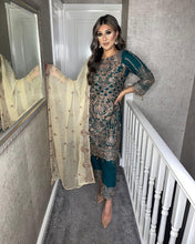Load image into Gallery viewer, 3pc Teal Embroidered Shalwar Kameez with Chiffon dupatta Stitched Suit Ready to wear HW-DT95
