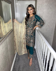 3pc Teal Embroidered Shalwar Kameez with Chiffon dupatta Stitched Suit Ready to wear HW-DT95
