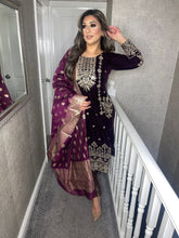 Load image into Gallery viewer, 3pc PURPLE Velvet Embroidered Shalwar Kameez Stitched Suit Ready to wear HW-5402B
