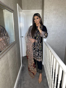 3pc BLACK Embroidered Shalwar Kameez with NET dupatta Stitched Suit Ready to wear HW-UQ1957