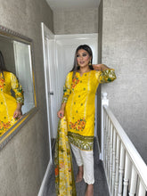 Load image into Gallery viewer, 3 pcs Stitched lawn YELLOW shalwar Suit Ready to Wear witH WHIT TROUSER CHIFFON dupatta NE-YELLOWWHITE
