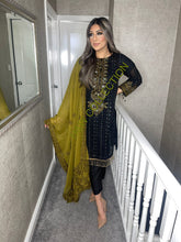 Load image into Gallery viewer, 3pc Black Embroidered Shalwar Kameez with Olive Chiffon dupatta Stitched Suit Ready to wear AN-BLACKOLIVE

