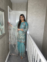 Load image into Gallery viewer, 3pc SEA BLUE Embroidered Ghrara Shalwar Kameez with Net dupatta Stitched Suit Ready to wear HW-UQ1464
