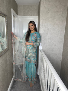 3pc SEA BLUE Embroidered Ghrara Shalwar Kameez with Net dupatta Stitched Suit Ready to wear HW-UQ1464