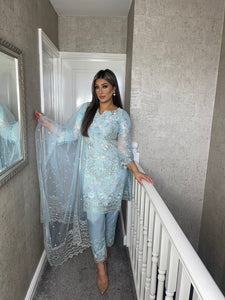 3pc GREY Embroidered Shalwar Kameez with Chiffon dupatta Stitched Suit Ready to wear HW-UQ1945