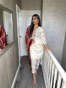 3 pcs Stitched White shalwar Suit Ready to wear lawn summer Wear with chiffon dupatta MBL-347