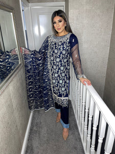 3pc NAVY Embroidered Shalwar Kameez with Net Embroidered dupatta Stitched Suit Ready to wear AT-NAVY