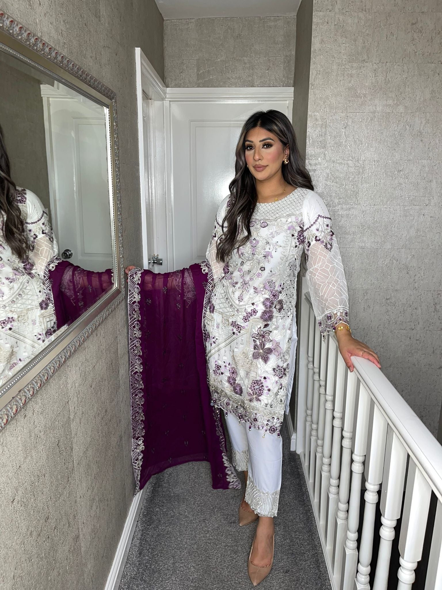 3pc WHITE Embroidered Shalwar Kameez with PURPLE dupatta Stitched