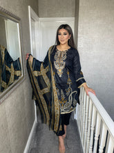 Load image into Gallery viewer, 3 pcs Stitched BLACK shalwar Suit Ready to wear lawn summer Wear with chiffon dupatta MB-79B
