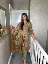 Load image into Gallery viewer, 3 pcs Stitched lawn LIGHT KHAKI Frock shalwar Suit Ready to Wear with Lawn duhpatta by LIGHTKHAKI-10B
