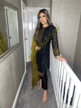 Load image into Gallery viewer, 3pc Black Embroidered Shalwar Kameez with Olive Chiffon dupatta Stitched Suit Ready to wear AN-BLACKOLIVE
