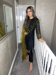 3pc Black Embroidered Shalwar Kameez with Olive Chiffon dupatta Stitched Suit Ready to wear AN-BLACKOLIVE