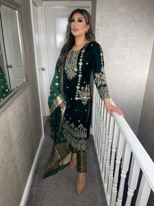 3pc Dark Green Velvet Embroidered Shalwar Kameez Stitched Suit Ready to wear HW-5402C