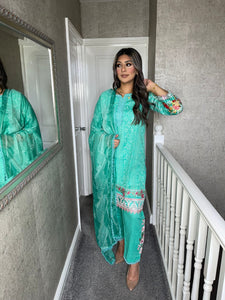 3 pcs Stitched GREEN lawn CHICKEN KARI suit Ready to Wear with chiffon dupatta HW-SNCH06