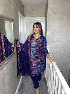 3 pcs Stitched BLUE LAWN shalwar Suit Ready to wear lawn summer Wear FD-366A