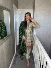 Load image into Gallery viewer, 3pc Beige Embroidered suit with Chiffon dupatta Stitched Suit Ready to wear HW-KSS060
