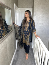 Load image into Gallery viewer, 3 pcs Stitched BLACK shalwar Suit Ready to wear lawn summer Wear with chiffon dupatta MBL-372
