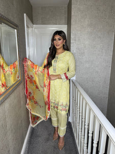 3 pcs Stitched YELLOW lawn CHICKEN KARI suit Ready to Wear with chiffon dupatta HW-SNCH04