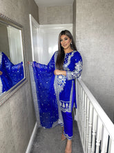 Load image into Gallery viewer, 3pc Royal Blue Embroidered Shalwar Kameez with Chiffon dupatta Stitched Suit Ready to wear HW-ANRB
