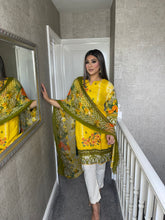 Load image into Gallery viewer, 3 pcs Stitched lawn YELLOW shalwar Suit Ready to Wear witH WHIT TROUSER CHIFFON dupatta NE-YELLOWWHITE
