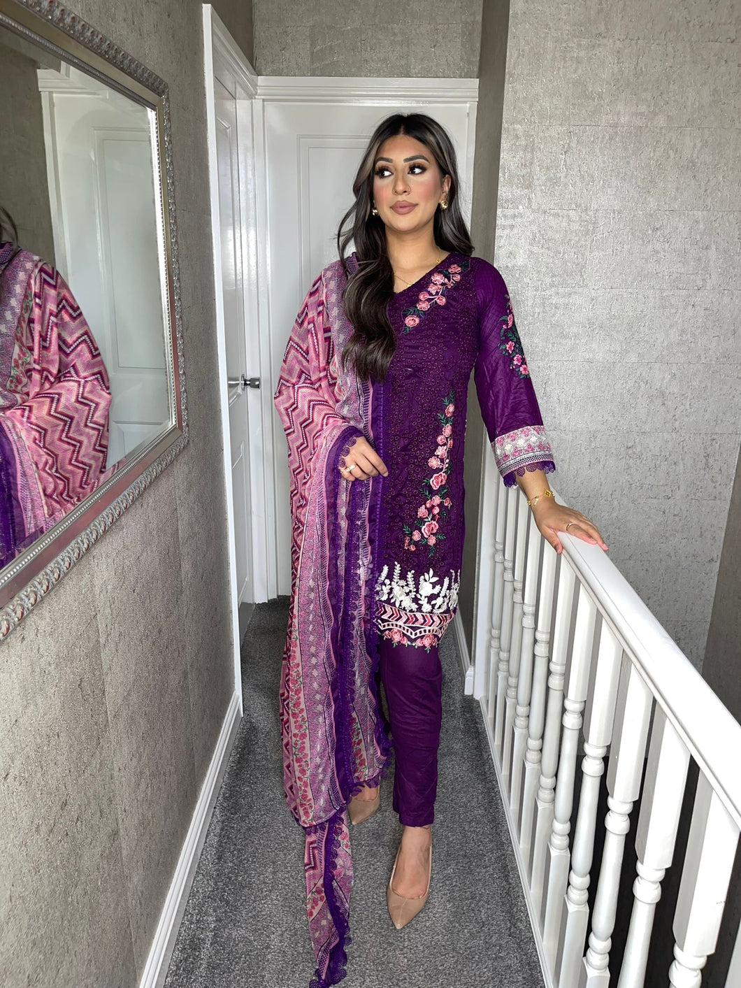 3 pcs Stitched PURPLE lawn CHICKEN KARI suit Ready to Wear with chiffon dupatta HW-SNCH03