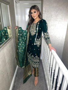 3pc Dark Green Velvet Embroidered Shalwar Kameez Stitched Suit Ready to wear HW-5402C