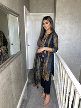 Load image into Gallery viewer, 3 pcs Stitched BLACK shalwar Suit Ready to wear lawn summer Wear with chiffon dupatta MBL-372
