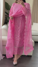 Load and play video in Gallery viewer, 3pc PINK Embroidered Shalwar Kameez with NET dupatta Stitched Suit Ready to wear HW-JFPINK
