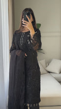 Load and play video in Gallery viewer, 3pc BLACK Embroidered Shalwar Kameez with NET dupatta Stitched Suit Ready to wear HW-JFBLACK
