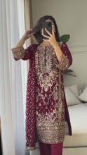 Load and play video in Gallery viewer, 3pc MAROON Embroidered Shalwar Kameez wit CHIFFON  dupatta Stitched Suit Ready to wear HW-U2292
