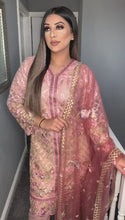 Load and play video in Gallery viewer, 3pc Pink Jacket style Embroidered suit with Maroon Net Dupatta dupatta Embroidered Stitched Suit Ready to wear

