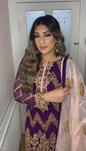 Load and play video in Gallery viewer, 3pc Purple Shrara suit with pink chiffon dupatta Embroidered Stitched Suit Ready to wear
