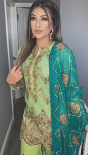Load and play video in Gallery viewer, 3pc Green Shrara suit with Dark Green chiffon dupatta Embroidered Stitched Suit Ready to wear
