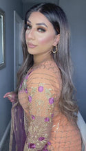 Load and play video in Gallery viewer, 3pc Peach chiffon Embroidered Shalwar Kameez with purple Chiffon Dupatta Stitched Suit Ready to wear UQ-PEACHPURPLR
