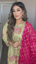 Load and play video in Gallery viewer, 3pc Gold Embroidered suit with Pink Chiffon dupatta Embroidered Stitched Suit Ready to wear
