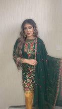 Load and play video in Gallery viewer, 3pc Green Embroidered Suit with yellow gold fancy trouser Stitched Suit Ready to wear
