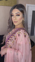 Load and play video in Gallery viewer, 3pc Pink chiffon Embroidered Shalwar Kameez with Purple shrara and chiffon Dupatta Stitched Suit Ready to wear UQ-PINKPURPLE
