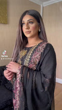 Load and play video in Gallery viewer, 3pc Black chiffon Embroidered Shalwar Kameez with Chiffon Embroidered Dupatta Stitched Suit Ready to wear PK-BLACK
