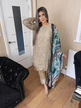 Load image into Gallery viewer, 3pc Embroidered Grey with Printed chiffon Dupatta Shalwar Kameez Stitched Suit Ready to wear AN-BJZ08
