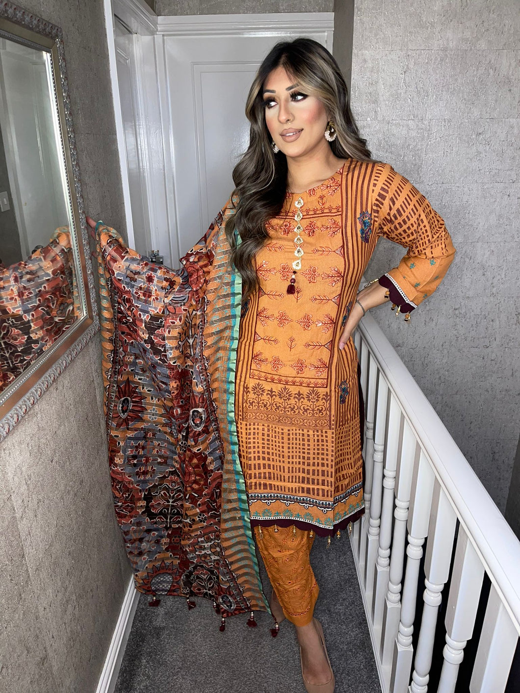 3 pcs PEACH ORANGE Lilen shalwar Suit Ready to Wear with chiffon dupatta winter AK-40