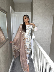 3pc WHITE Embroidered Shalwar Kameez with BROWN dupatta Stitched Suit Ready to wear HW-UQ2088