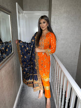 Load image into Gallery viewer, 3 pcs Stitched lawn Orange shalwar Suit Ready to Wear with Dark Blue Lawn dupatta OB-ORANGEBLLUE
