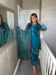 3 pcs Teal Stitched lawn suit Ready to Wear with chiffon dupatta MB-151