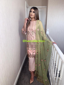 3pc Pink Embroidered Shalwar Kameez with Olive Embroidered Dupatta Stitched Suit Ready to wear