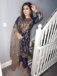 3PC Net Navy Embroidered suit with Net dupatta Stitched Ready to wear HR-NAVY