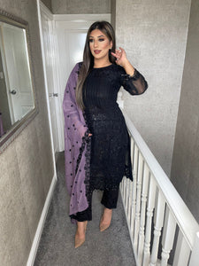 3pc Black with purple Chiffon Dupatta Shalwar Kameez Stitched Suit Ready to wear JF-BLACKPURPLE