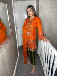 3pc ORANGE Embroidered Shalwar Kameez with Green trouser and Chiffon dupatta Stitched Suit Ready to wear HW-1890